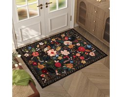 deurmat - Deurmat voor binnen - deurmat binnen met print - Machinewasbaar - vintage patroon - Boho-stijl - Klein vloerkleed met bloemenmotief - Antislip laagpolig vloerkleed voor entree, keuken, voordeur, entree, hal, kinderkamer - 50 x 80cm - zwart