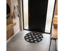 Deurmat rond 90x90 cm - Droogloopmat Sneeuwvlok - Zwart - Wit - Kerst - Mat voor binnen - Schoonloopmat - Ronde deurmatten met print - Inloopmat