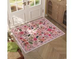 Deurmat, Vloerkleed, Binnenkleed Voor De Hal, Machinewasbaar, Boheems Bloemenkleed Voor Kleine Ruimtes, Antislip Laagpolig Kleed Voor De Keuken, Hal (Roze,60*90cm)
