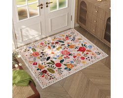 Deurmat, Vloerkleed, Binnenkleed Voor De Hal, Machinewasbaar, Boheems Bloemenkleed Voor Kleine Ruimtes, Antislip Laagpolig Kleed Voor De Keuken, Hal (Beige,60*90cm)