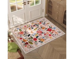 Deurmat, Vloerkleed, Binnenkleed Voor De Hal, Machinewasbaar, Boheems Bloemenkleed Voor Kleine Ruimtes, Antislip Laagpolig Kleed Voor De Keuken, Hal (Beige,60*90cm)