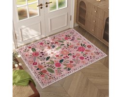 Deurmat, Vloerkleed, Binnenkleed Voor De Hal, Machinewasbaar, Boheems Bloemenkleed Voor Kleine Ruimtes, Antislip Laagpolig Kleed Voor De Keuken, Hal (Roze,60*90cm)