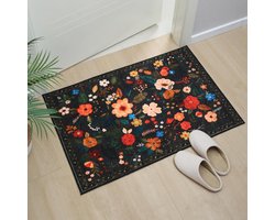 Deurmat - Vloermatten - 80*50cm - Vintage patroon - Zwart - Polyester - Deurmat voor binnen - Klein vloerkleed met bloemenmotief - Voetmatten - Antislip laagpolig vloerkleed - Voor entree, keuken, voordeur, entree, hal, kinderkamer