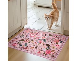 Deurmat voor binnen, wasbare voetmat, bloemenpatroon, vintage tapijten, lage vloer, antislip, zacht, deurmat voor hal entree keuken, 66 x 100 cm, roze