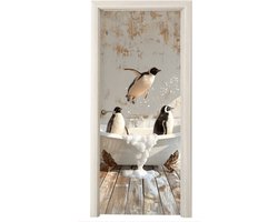 Deurposter 80x215 cm - Deursticker Vintage - Pinguïn - Badkuip - Schuim - Meubelfolie zelfklevend - Deurfolie woonkamer - Interieurfolie badkamer - Kamer decoratie - Decoratieve accessoires - Deur plakfolie - Muursticker