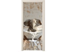Deurposter 85x205 cm - Deursticker Vintage - Olifant - Badkuip - Schuim - Wilde dieren - Meubelfolie zelfklevend - Deurfolie woonkamer - Interieurfolie badkamer - Kamer decoratie - Decoratieve accessoires - Deur plakfolie - Muursticker