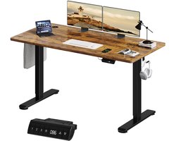 Devoko Elektrisch Zit-Sta Bureau 140x70 cm – 18 mm Dik Tafelblad – 3 Geheugenstanden – USB en Zit-alarm – Kabelmanagement – Zwart frame met donker houtlook blad