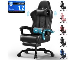 Devoko Ergonomische Gamingstoel – Verstelbaar Hoofdkussen – USB Massage Lendenkussen – 10 cm Hoog-Elastisch Schuim – Uitschuifbare Voetensteun – Versterkt Metalen Frame – Zwart