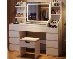Devoko Kaptafel – 135 B × 40 D × 137 H cm – LED-spiegel met 3 Lichtkleuren en Traploos Dimbare Verlichting – 9 Laden en 7 Open Opbergvakken – Glazen Tafelblad – 2 Stopcontacten en 2 USB-poorten – Inclusief Make-upkruk met Opbergruimte