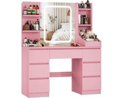 Devoko Kaptafel met LED Spiegel - 108x39,5x139 cm - 7 Lades, 3 Opbergvakken & Zijopberging - Dimbare Verlichting met 3 Lichtkleuren - Roze