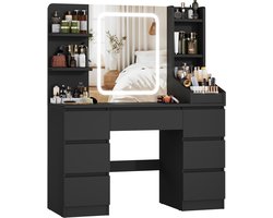 Devoko Kaptafel met LED Spiegel - 108x39,5x139 cm - 7 Lades, 3 Opbergvakken & Zijopberging - Dimbare Verlichting met 3 Lichtkleuren - Zwart