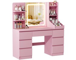 Devoko Kaptafel met LED Spiegel - 108x40x139 cm - 7 Lades, 3 Opbergvakken & Zijopberging - Dimbare Verlichting met 3 Lichtkleuren - Roze