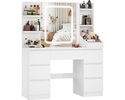Devoko Kaptafel met LED Spiegel - 108x40x139 cm - 7 Lades, 3 Opbergvakken & Zijopberging - Dimbare Verlichting met 3 Lichtkleuren - Wit