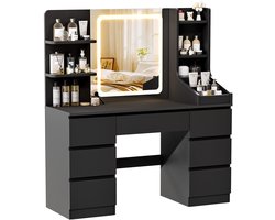 Devoko Kaptafel met LED Spiegel - 108x40x139 cm - 7 Lades, 3 Opbergvakken & Zijopberging - Dimbare Verlichting met 3 Lichtkleuren - Zwart