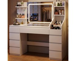 Devoko Kaptafel met LED Spiegel en 3 Lichtkleuren – 9 Laden en 7 Open Vakken – Glazen Blad – 2 Stopcontacten, USB-A en USB-C – 135 B × 40 D × 137 H cm – Mat Wit