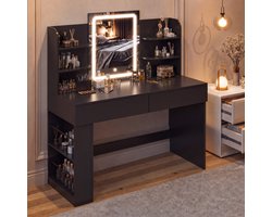 Devoko Kaptafel met LED-spiegel en 3 Lichtkleuren – Make-uptafel met Verborgen Sieradenopberging en Kruk – 110 × 40 × 135 cm – Zwart