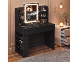 Devoko Kaptafel met LED-spiegel en 3 Lichtkleuren – Make-uptafel met Verborgen Sieradenopberging en Kruk – 90 × 40 × 135 cm – Zwart