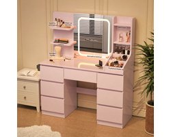 Devoko Kaptafel met LED Spiegel Roze – Make-up Tafel met 3 Kleurtemperaturen – 6 Lades & Opbergruimte – Toilettafel met Spiegelverlichting – Roze
