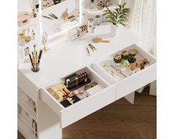 Devoko Kaptafel met Spiegel en LED Verlichting - Make-up Tafel 90x40x135 cm - Zijopberging Links of Rechts Monteerbaar - 2 Lades - Wit