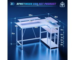 Devoko L-vormig Bureau 120x50/80x75 cm - Gaming Hoekbureau met Stopcontact, USB en USB-C en LED Lichtstrip - 100 kg Draagvermogen - Bekerhouder en Haak - witte carbon look