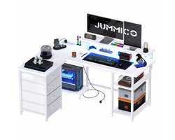 Devoko L-Vormig Gaming Bureau 135 x 50/40 x 73.5/88.5 cm – Met RGB LED-Lichtstrook – 12 mm E1 Spaanplaat – Koolstofvezel Wit – Inclusief EU Stekkerdoos met 2 USB – Wit