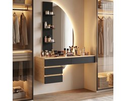 Devoko Zwevende Kaptafel met Spiegel en Siliconen LED-lichtstrip – 3 Lichtkleuren – 4 Laden en 3 Open Opbergvakken – 106 × 40 × 143 cm – Zwart