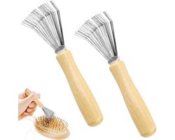 Deze 2-delige set reinigingsgereedschap voor haarborstels bestaat uit een reinigingskam en een reinigingsborstel met een houten handvat. U kunt hiermee borstels, kammen, badmatten, tapijten, vuil en pluisjes reinigen.