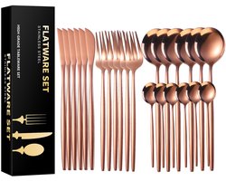 Deze 24-delige roestvrijstalen bestekset bestaat uit een steakmes, vork, lepel, theelepel, dinervork, tafellepel, fruitvork en dessertlepel. Deze spiegelgepolijste bestekset is perfect voor thuis, in restaurants, hotels, op feesten en bruiloften.