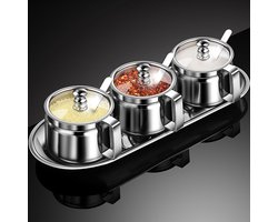 Deze 3-delige set bestaat uit een suikerpot (met deksel), een roestvrijstalen pan van 500 ml, een ghee-pot met deksel (inclusief lepel) en een onderstel. De set is geschikt voor keukens, huizen en bars
