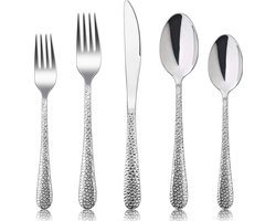 Deze 30-delige roestvrijstalen bestekset is geschikt voor 6 personen en bestaat uit een mes, vork en lepel. De set heeft moderne hamergrepen, is perfect voor thuisgebruik，heeft een hoogglans afwerking en is vaatwasmachinebestendig.