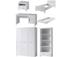 Deze ERIK combinatie in het wit bestaat uit een bed (90x200) met bijpassend rolbed, nachtkastje, 3-deurs kledingkast, bureau en boekenkast.