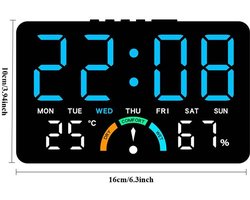Deze multifunctionele led-klok heeft een groot scherm en kan aan de muur worden bevestigd of op een tafel worden geplaatst. Hij geeft de tijd, de dag van de week, de temperatuur en de luchtvochtigheid in oranje weer.