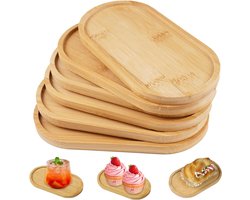 Deze set van 6 kleine houten dienbladen bestaat uit ovale bamboe dienbladen van 17,5 x 8,8 x 1 cm. Deze kleine houten dienbladen zijn geschikt voor het serveren van eten, sieraden, bloempotten, koffie, koekjes, enz.