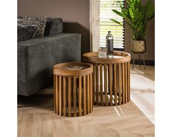 DH Interior Bijzettafel Set van 2 Hans Mangohout Zandkleur - 45 x 45 x 45 cm - Hout - Industrieel - Rond