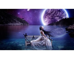 Diamond painting 40x50cm - vrouw op bankje in water - ronde steentjes