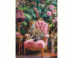 Diamond Painting - Luipaard - Stoel - Jungle behang - Lamp - Volledig - Ronde steentjes - 30x40cm