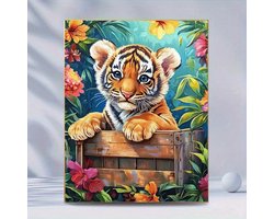 Diamond Painting - Tijger - Welp - Houten kist - Bloemen - Volledig - Ronde steentjes - 30x40cm
