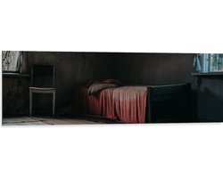 Dibond - Bed met Rood Dekbedovertrek in Houten Kamer - 120x40 cm Foto op Aluminium (Wanddecoratie van metaal)