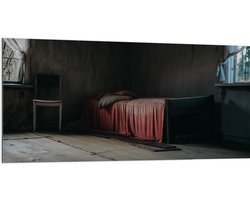 Dibond - Bed met Rood Dekbedovertrek in Houten Kamer - 200x100 cm Foto op Aluminium (Wanddecoratie van metaal)