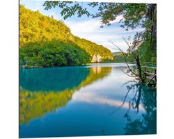 Dibond - Blauwkleurig Meer onder aan de Berg met Groene Bomen - 80x80 cm Foto op Aluminium (Wanddecoratie van metaal)