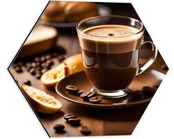 Dibond Hexagon - Koffie - Kopje - Bordje - Bonen - Brood - Eten - Drinken - 40x34.8 cm Foto op Hexagon (Met Ophangsysteem)