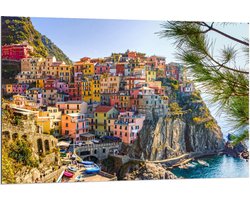 Dibond - Huisjes op Berg in Manarola - Italië - 120x80cm Foto op Aluminium (Wanddecoratie van metaal)