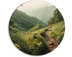 Dibond Muurcirkel - Bergen - Pad - Planten - Bomen - Hiken - 40x40 cm Foto op Aluminium Muurcirkel (met ophangsysteem)