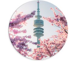 Dibond Muurcirkel - Gebouw - Euromast - Bomen - Bloesem - 100x100 cm Foto op Aluminium Muurcirkel (met ophangsysteem)