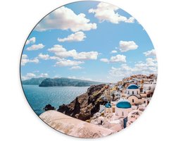 Dibond Muurcirkel - Klassiek Witte Huisjes in Santorini - 70x70 cm Foto op Aluminium Muurcirkel (met ophangsysteem)