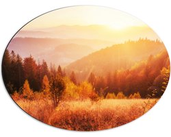 Dibond Ovaal - De Zon boven een Berglandschap - 68x51 cm Foto op Ovaal (Met Ophangsysteem)