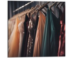 Dibond - Rek Vol Verschillende Kleuren Gala Jurken - 50x50 cm Foto op Aluminium (Met Ophangsysteem)