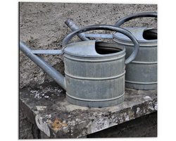 Dibond - Twee Grijze Gieters op Stenen Bankje - 50x50cm Foto op Aluminium (Met Ophangsysteem)