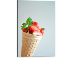 Dibond - Verse Aardbeien in IJshoorntje - 40x60 cm Foto op Aluminium (Wanddecoratie van metaal)