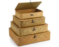 Didaey Set van 4 zeegras mand met deksel rieten opbergmand decoratieve opbergdozen met deksels platte opbergbakken geweven organizer manden voor plank kast slaapkamer, 4 maten (geel)
